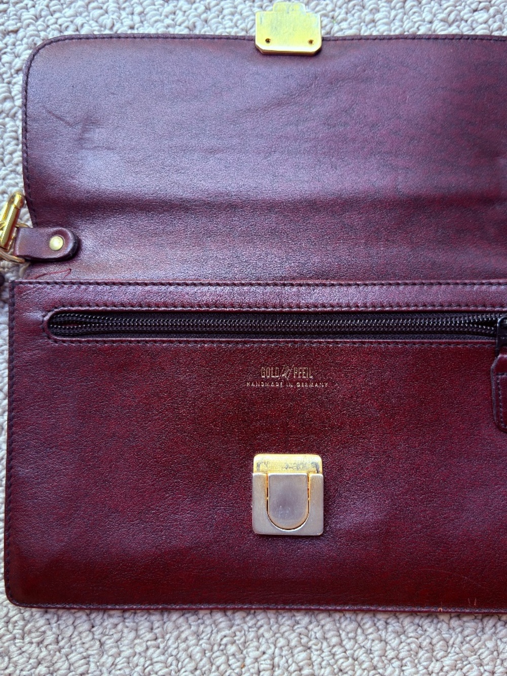 Vintage GOLDPFEIL Oxblood Leather Wristlet Clutch – Handmade Germany